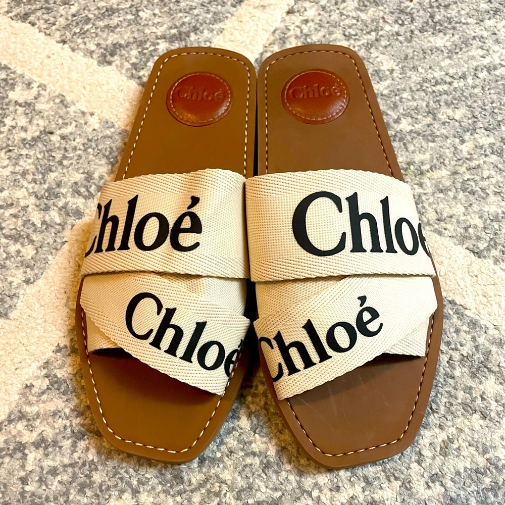 Chloe Woody Womens Flat Mule Logo Ribbon White Slide Sandals Size 38EU/ 8US
